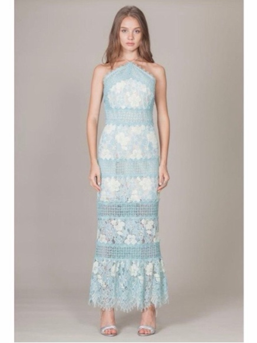 Foxidox NWT Crochet Lace Halter Maxi Dress in Light Blue and Cream